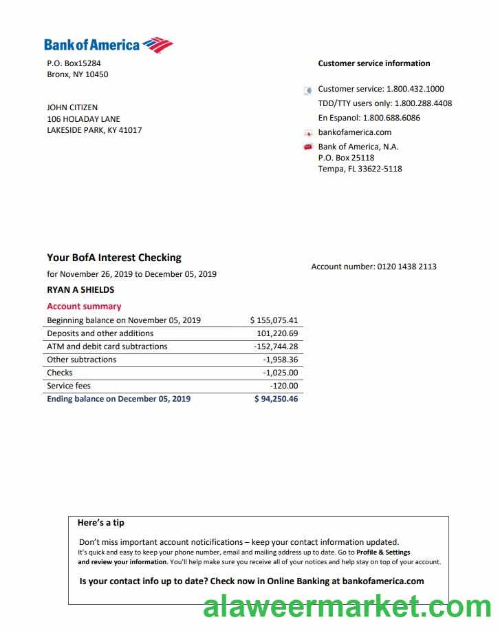 USA Bank of America bank statement easy to fill template in Word and PDF format